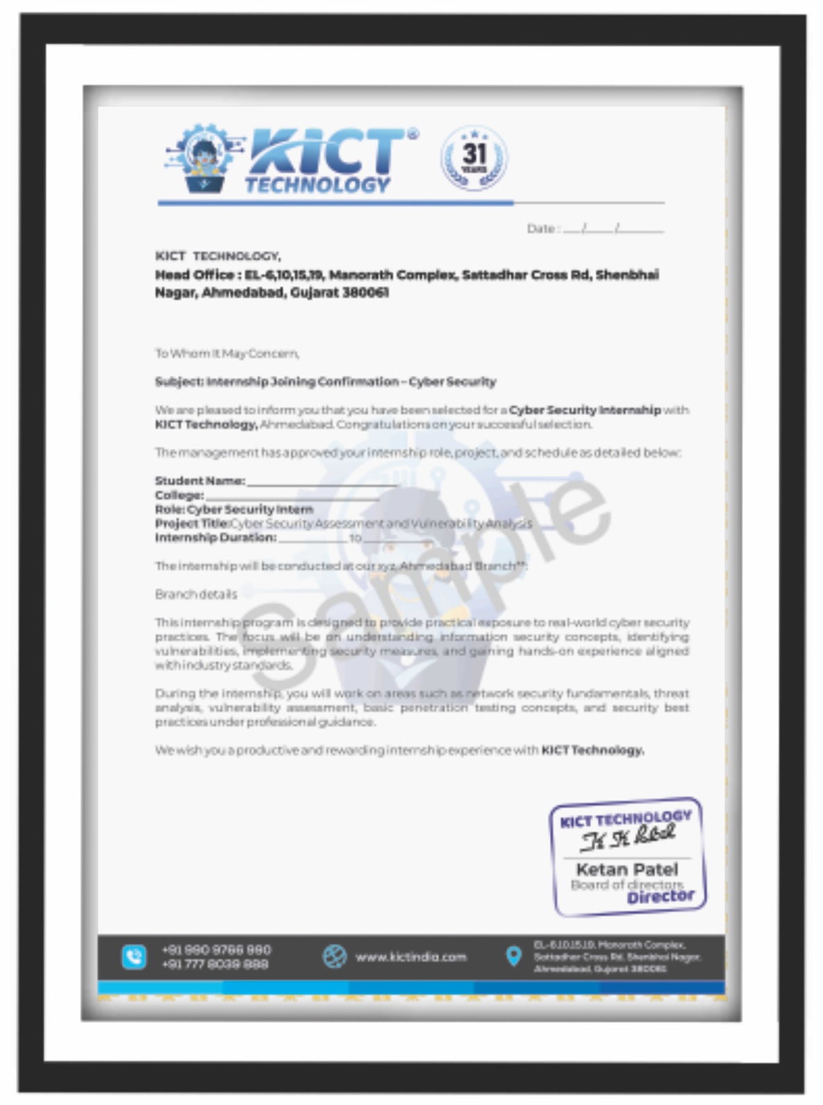KICT Computer Education Internship Letter